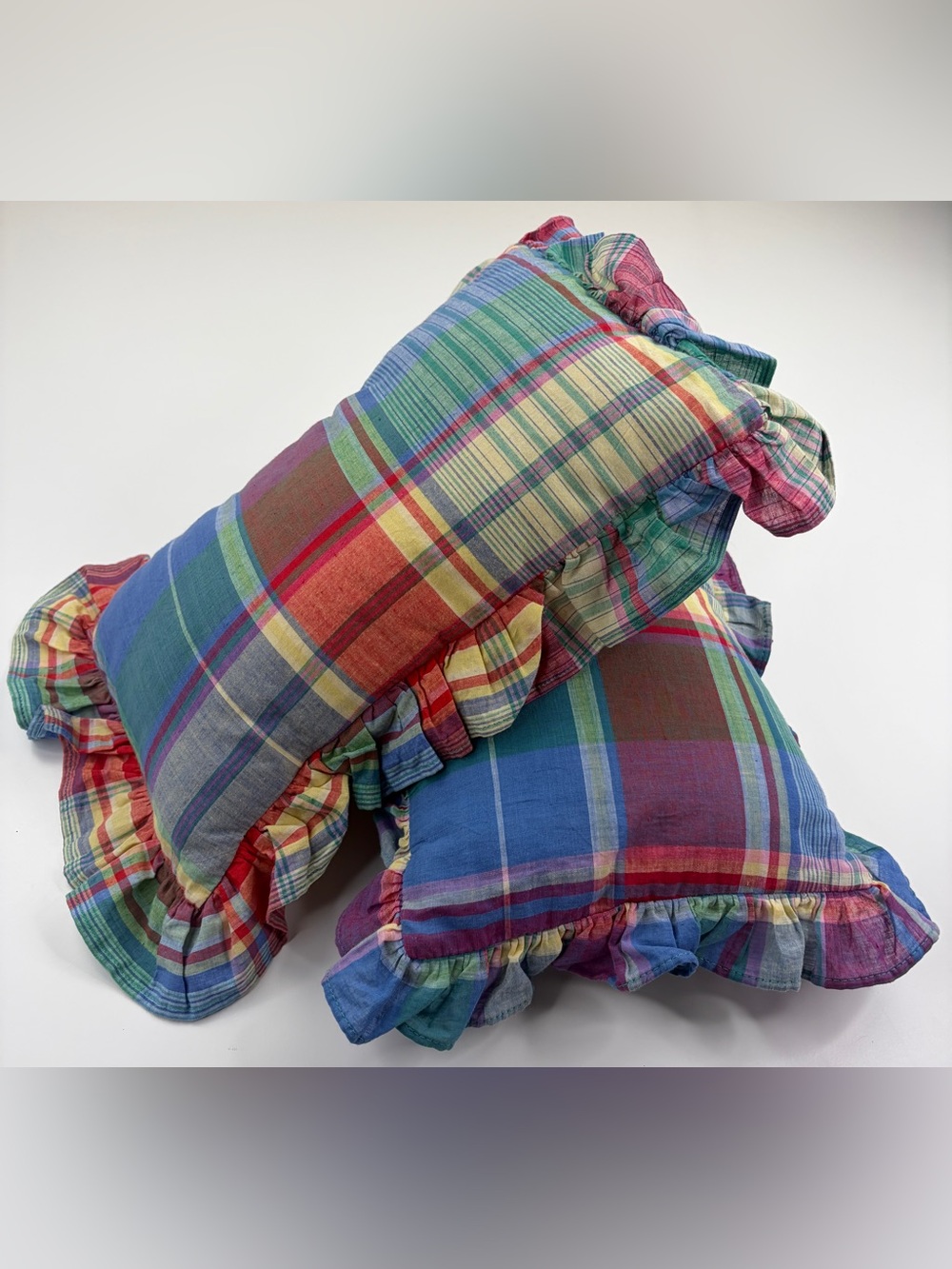 Vintage Ralph Lauren Spinnaker Madras Plaid Ruffle Pillows GUC Set of 2